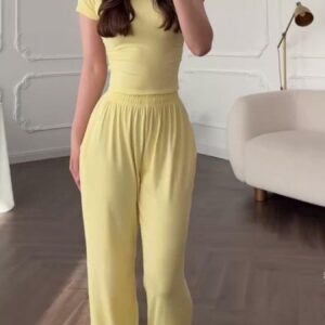 Full Size Round Neck Top and Wide Leg Pants Set Plus Size