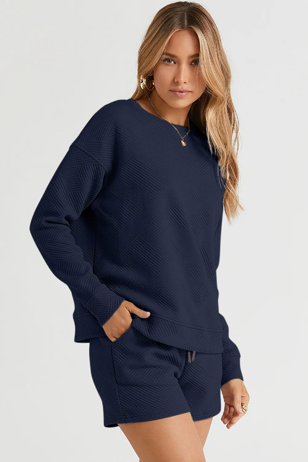 07f4892a417d4fc7aa77a8152b818ecc-Max.jpg Double Take Full Size Texture Long Sleeve Top and Drawstring Shorts Set - Image 9