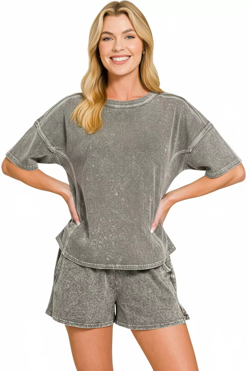 0a597d32-68dd-4937-aedb-c5efee5bd528-Max-Origin.jpg Zenana Halo Snow Washed Short Sleeve Tee and Shorts Set - Image 2