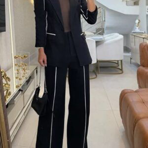 Contrast Trim Blazer & Wide Leg Pants Set
