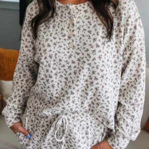 Spiral Ribbed Floral Print Long Sleeve Henley Top Drawstring Short Set
