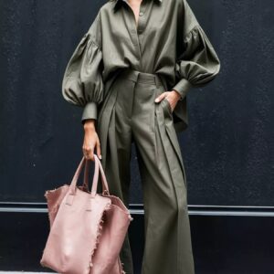 Lantern Sleeve Shirt and Wide Leg Pants Set