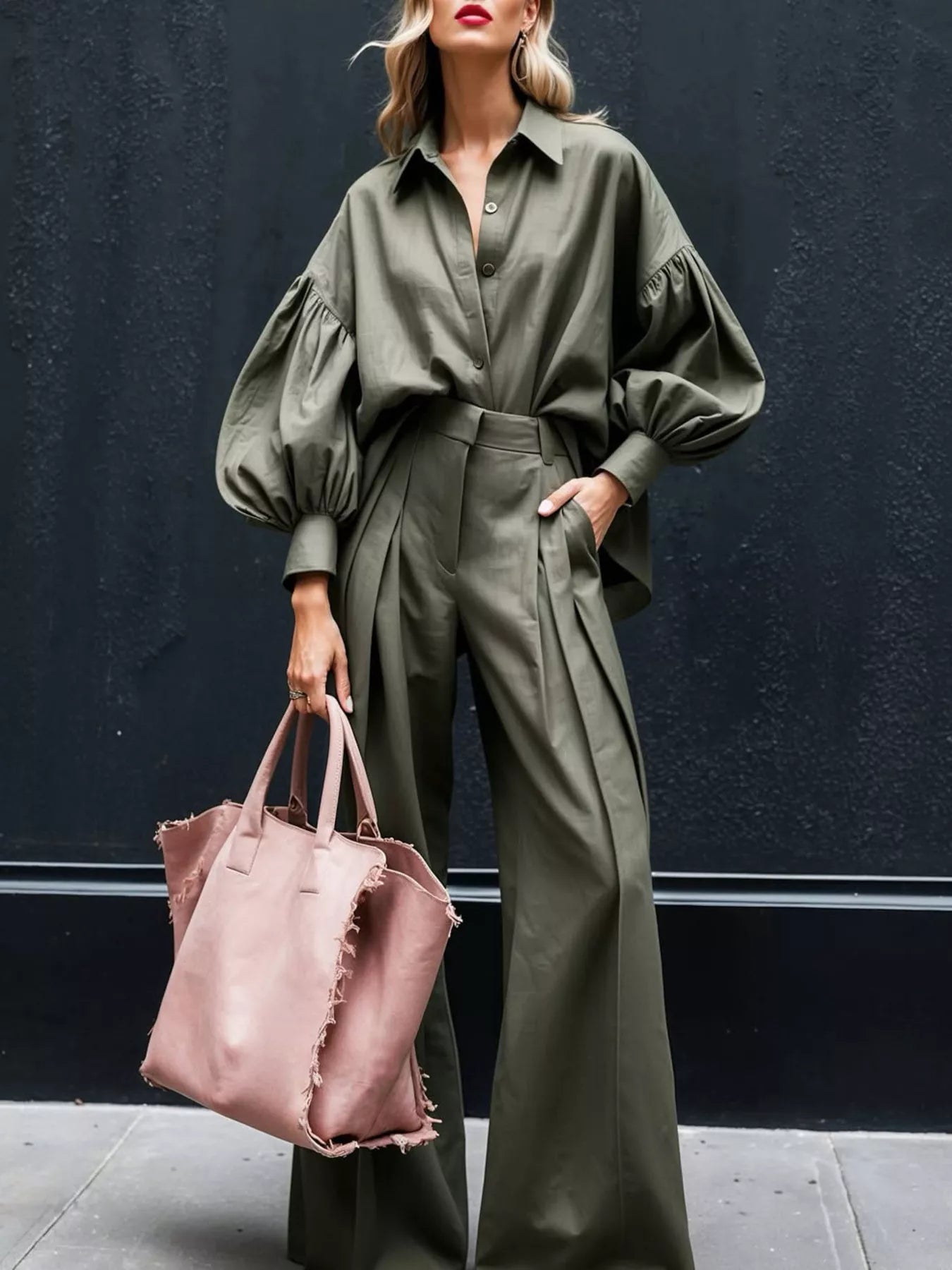 14688a23da7d4d0c95f7f332fb3aa244-Max-Origin.jpg Lantern Sleeve Shirt and Wide Leg Pants Set