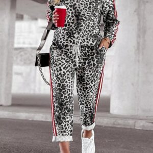 Plus Size Leopard Print Long Sleeve Top and Pants Set