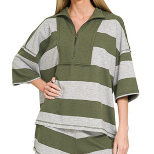 Zenana Frenchterry Striped Half Zip Top & Shorts Set