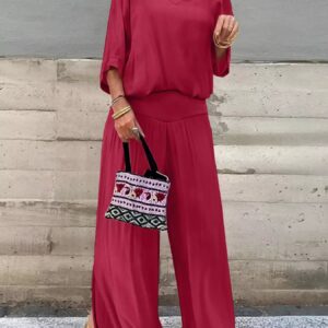 V-Neck Top and Wide Leg Pants Two-Piece Set