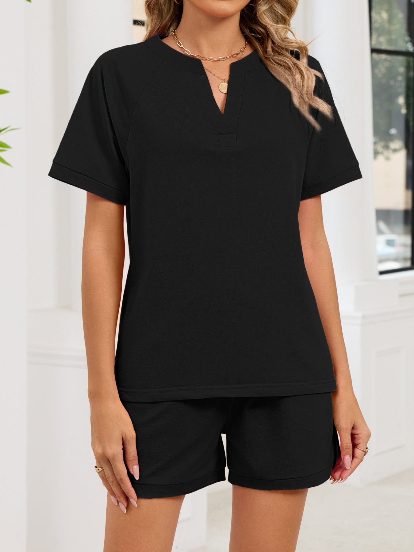 186f03f6303240a8a159f15b8587d1df-Max.jpg Notched Short Sleeve Top and Shorts Set - Image 15
