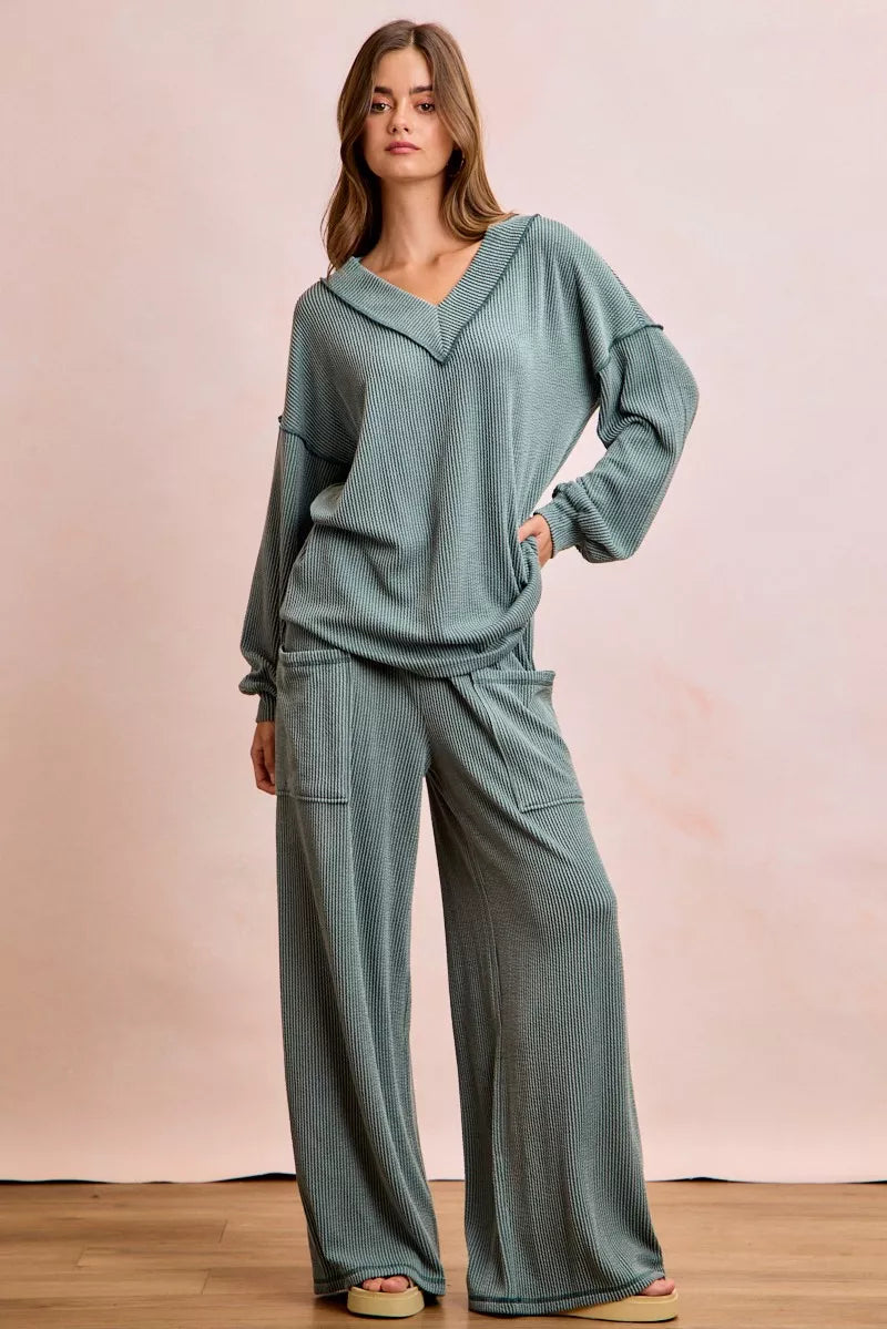 19bd2939b96c46519cb1669bec3a1b67-Max-Origin.jpg BiBi Two Tone Cord Rib Contrast Stitching V-Neck Top and Pants Set - Image 5