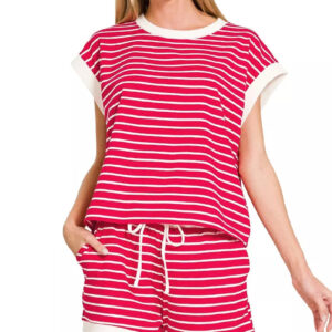 Zenana Stripe Contrast Trim Top & Shorts Set
