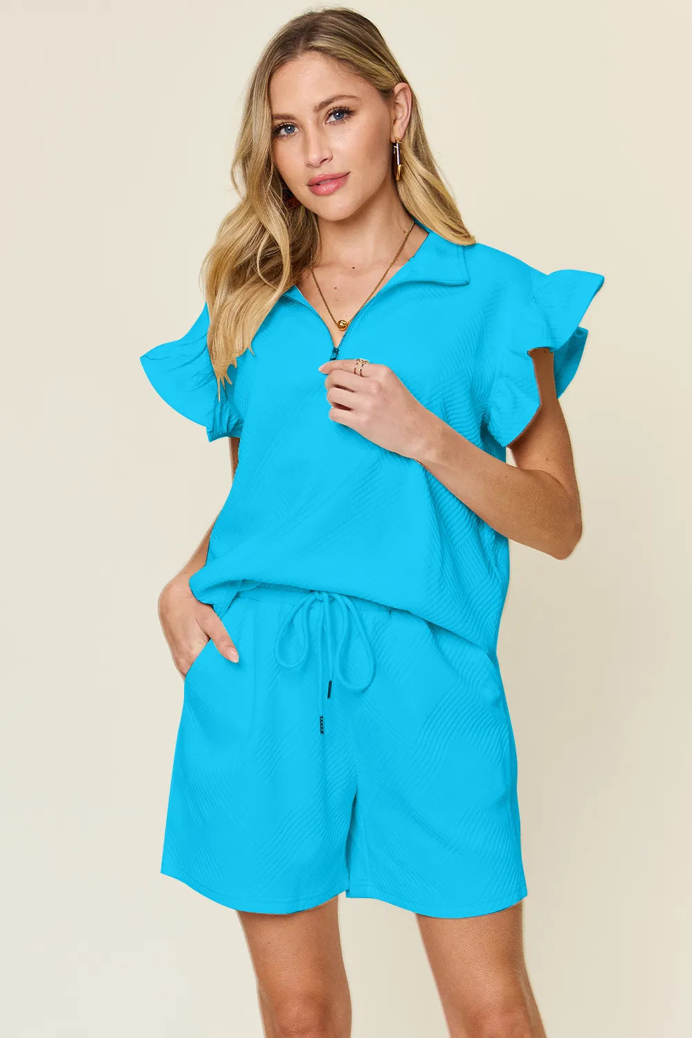 1cc40630-9335-4bc1-a341-92226ba134d7-Max.jpg Double Take Full Size Texture Flounce Sleeve Top and Drawstring Shorts Set - Image 30