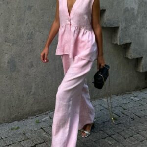 One Button Sleeveless Top and Wide-Leg Pants Set