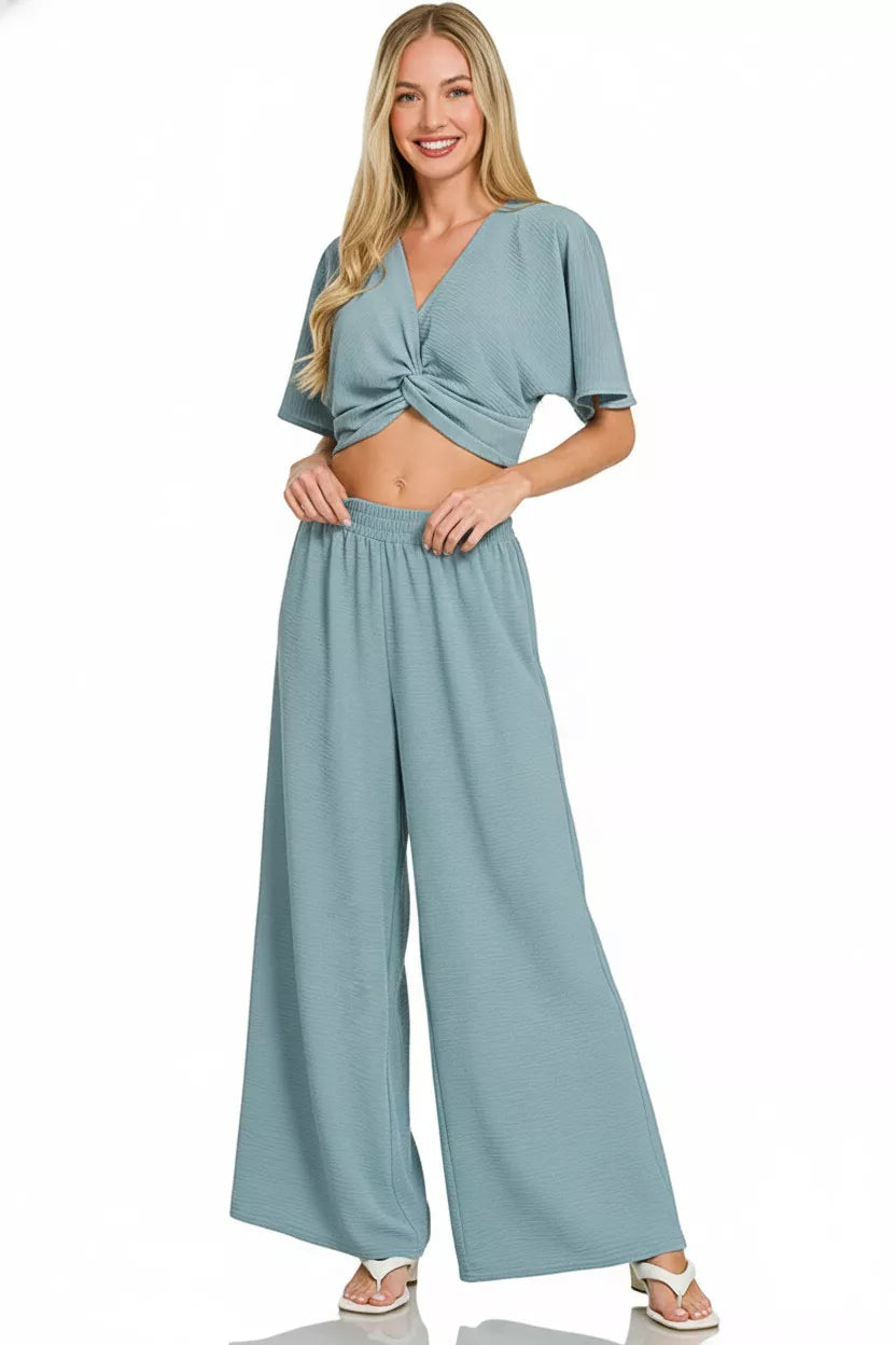 23096560-1e4c-4943-8c43-bb2332cdb834-Max-Origin.jpg Zenana Woven Airflow Twisted Top & Wide Leg Pants Set - Image 2