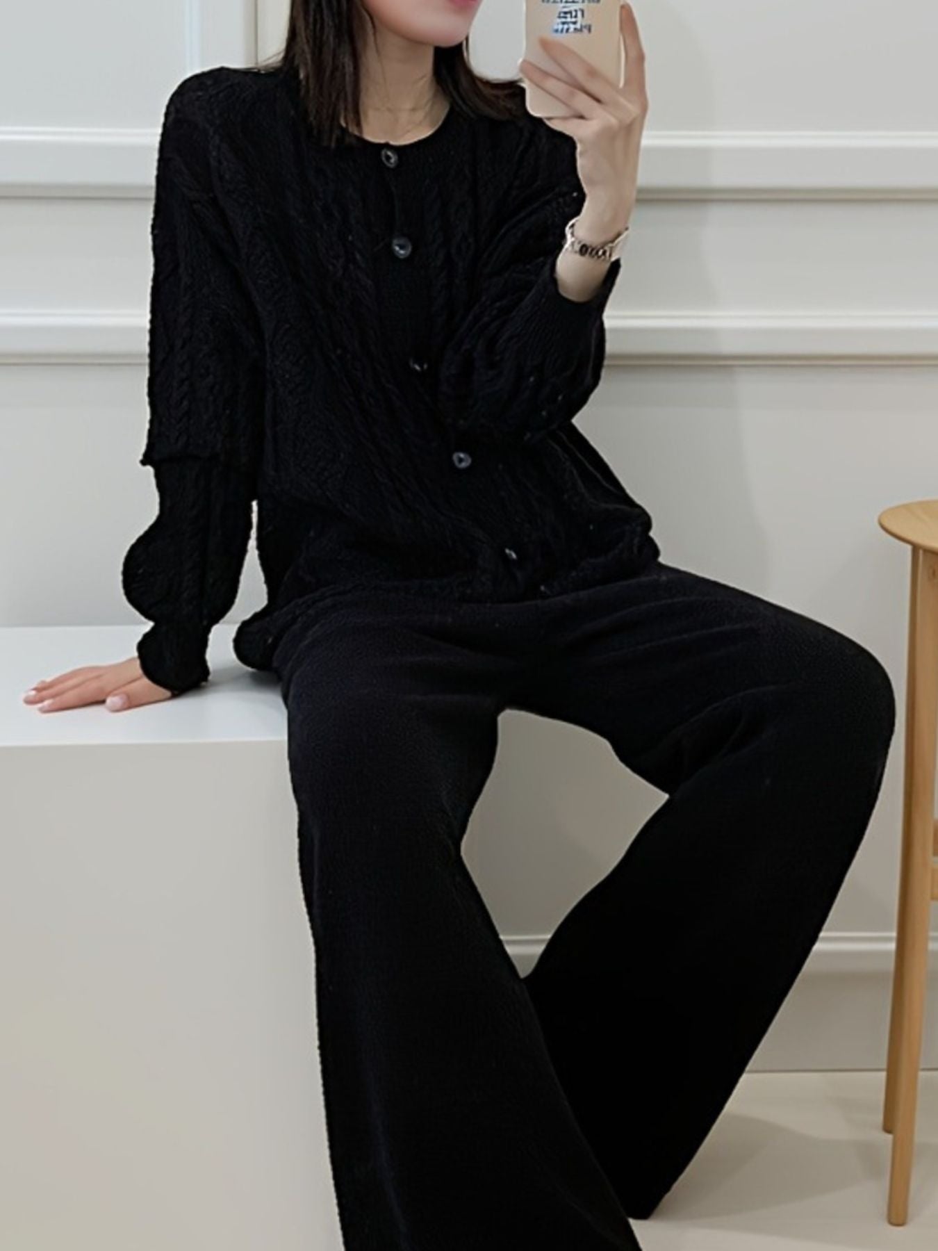 232fef04-7d55-4790-a77b-efbd20ba8985-Max.jpg Cable Knit Cardigan & Wide Leg Pants Sweater Set - Image 7