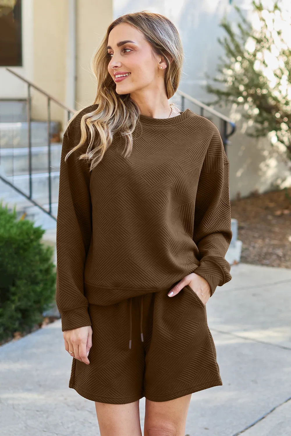23f8266e523c4dcb9d267901177e18fd-Max.jpg Double Take Full Size Texture Long Sleeve Top and Drawstring Shorts Set - Image 4