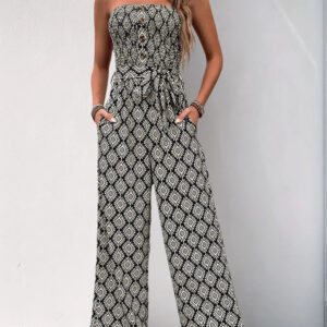Perfee Printed Smocked Sleeveless Jumpsuit