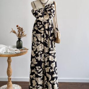 Floral Print Bowknot Wide Leg Jumpsuit