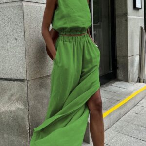 Sleeveless Crop Top and Slit Pants Set
