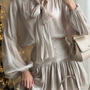 Bow-Tie Blouse and Ruched Mini Skirt Set