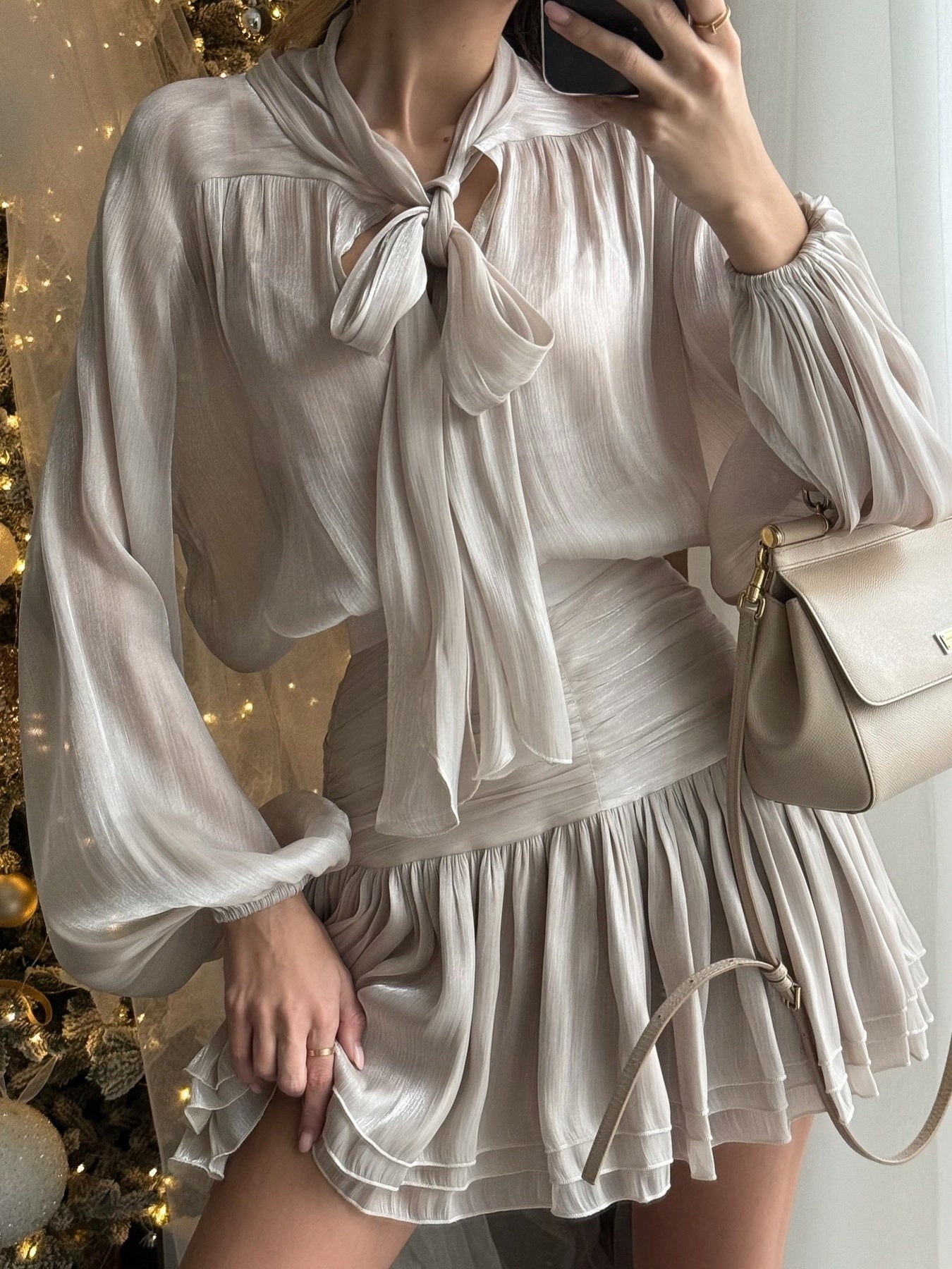 310dcb0d0c164a8498946a90695c84fb-Max.jpg Bow-Tie Blouse and Ruched Mini Skirt Set