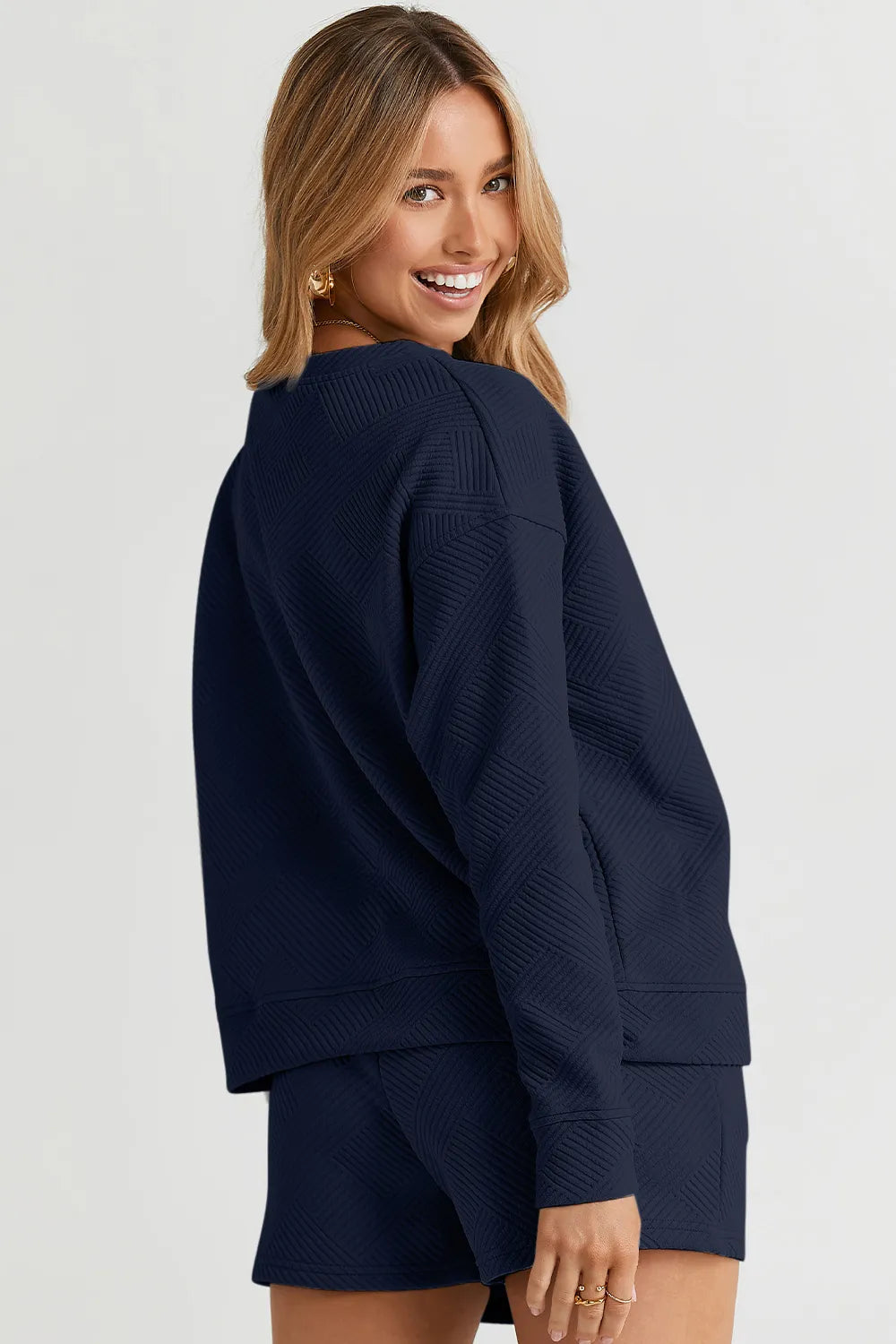 329147964126449dbcd7c128d4c74eb3-Max.jpg Double Take Full Size Texture Long Sleeve Top and Drawstring Shorts Set - Image 11