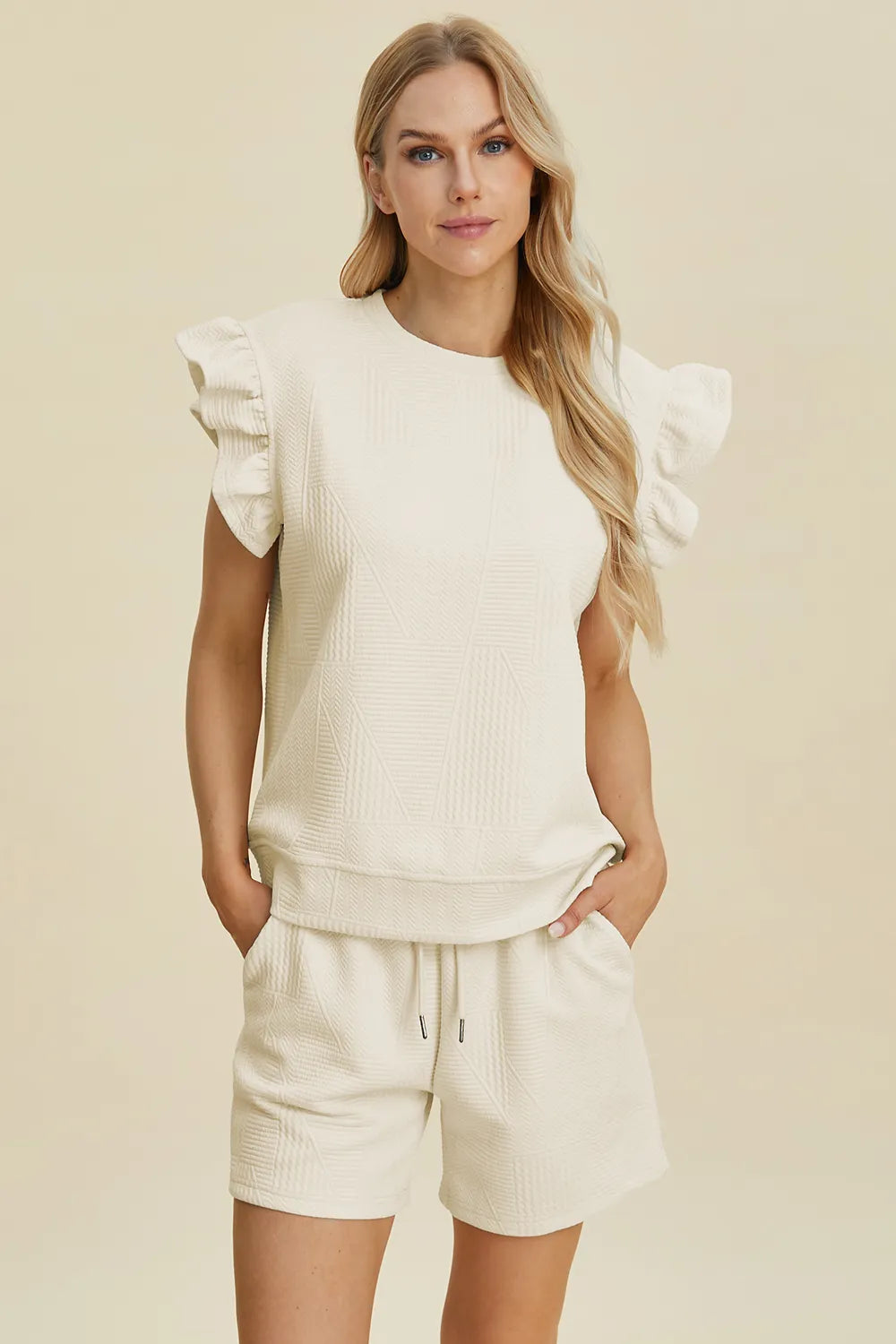 32fb9ff6-e9cf-45ee-9c79-76234fc67d2e-Max.jpg Double Take Full Size Texture Round Neck Ruffle Sleeve Top and Shorts Set - Image 5