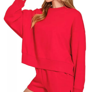 Zenana Fleece Round Neck Sweatshirt and Shorts Set