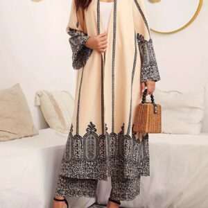 Printed Open Front Long Sleeve Cardigan & Pants Set