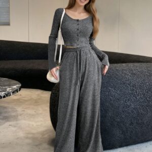Casual Knit Long Sleeve Top and Wide Leg Pants Set