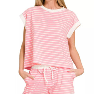 Zenana Stripe Contrast Trim Top & Shorts Set