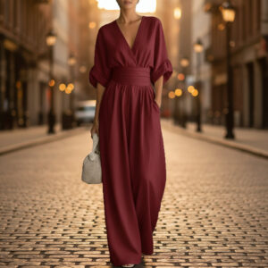 Women's V-Neck Wide-Leg Jumpsuit – High Waist Pleated Elegant 11 Colors S–5XL