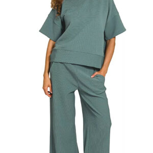 Zenana Ribbed Round Neck Tee & Pants Set