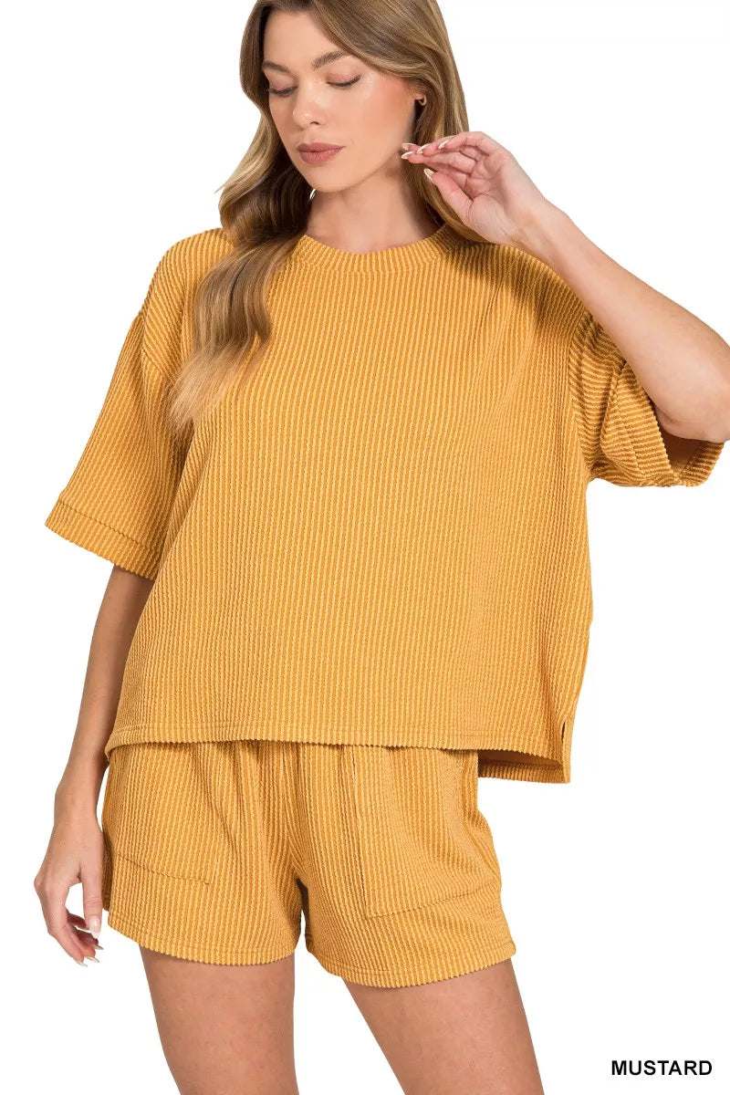 442ebdc3fc1a405fa73ca70c65fecccd-Max-Origin.jpg Zenana Raised Rib Short Sleeve Tee and Drawstring Shorts Set