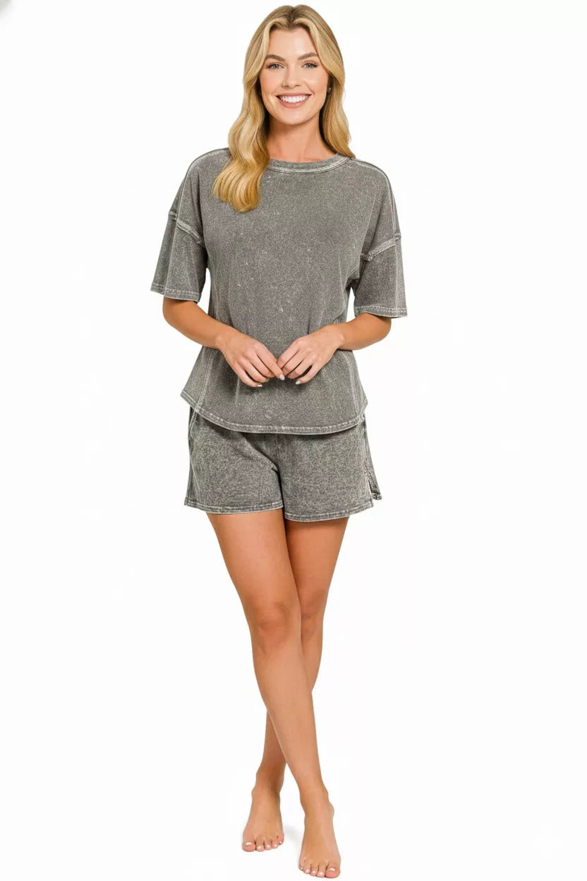 44b1b230-3110-46bd-a58b-20687f9dcc80-Max-Origin.jpg Zenana Halo Snow Washed Short Sleeve Tee and Shorts Set - Image 3