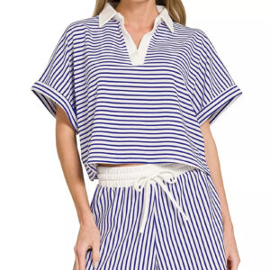 Zenana Striped Collared Top & Shorts Set
