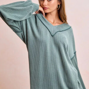 BiBi Two Tone Cord Rib Contrast Stitching V-Neck Top and Pants Set
