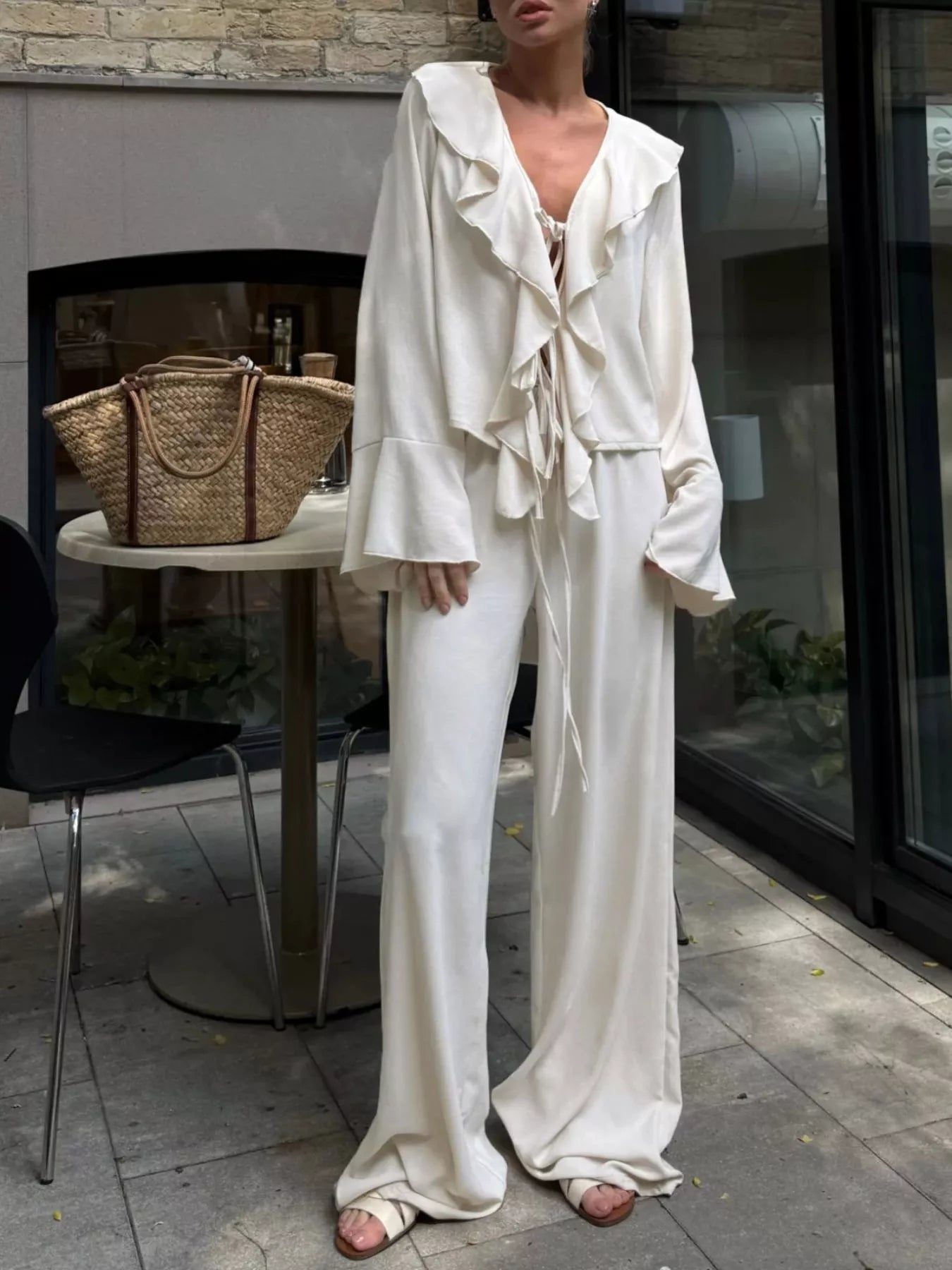 5123c408-bbe4-462b-b2d2-cd5235de8023-Max-Origin.jpg Ruffle Trim Tie Front Top and Pants Set