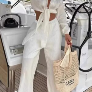 Textured Tie-Front Crop Top and Wide Leg Pants Set