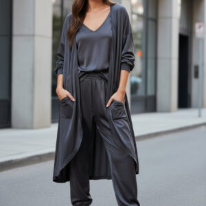 Women's V-Neck Long Sleeve Solid Color Loose Jumpsuit With Two Side Pockets