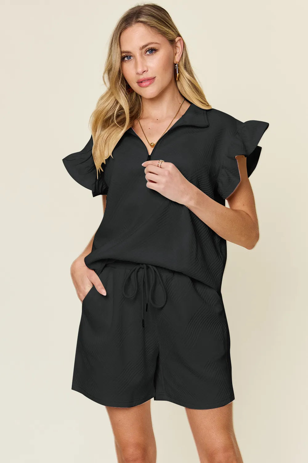 5f9f0f08-f95f-474e-8105-88fe0d3bf678-Max.jpg Double Take Full Size Texture Flounce Sleeve Top and Drawstring Shorts Set - Image 15