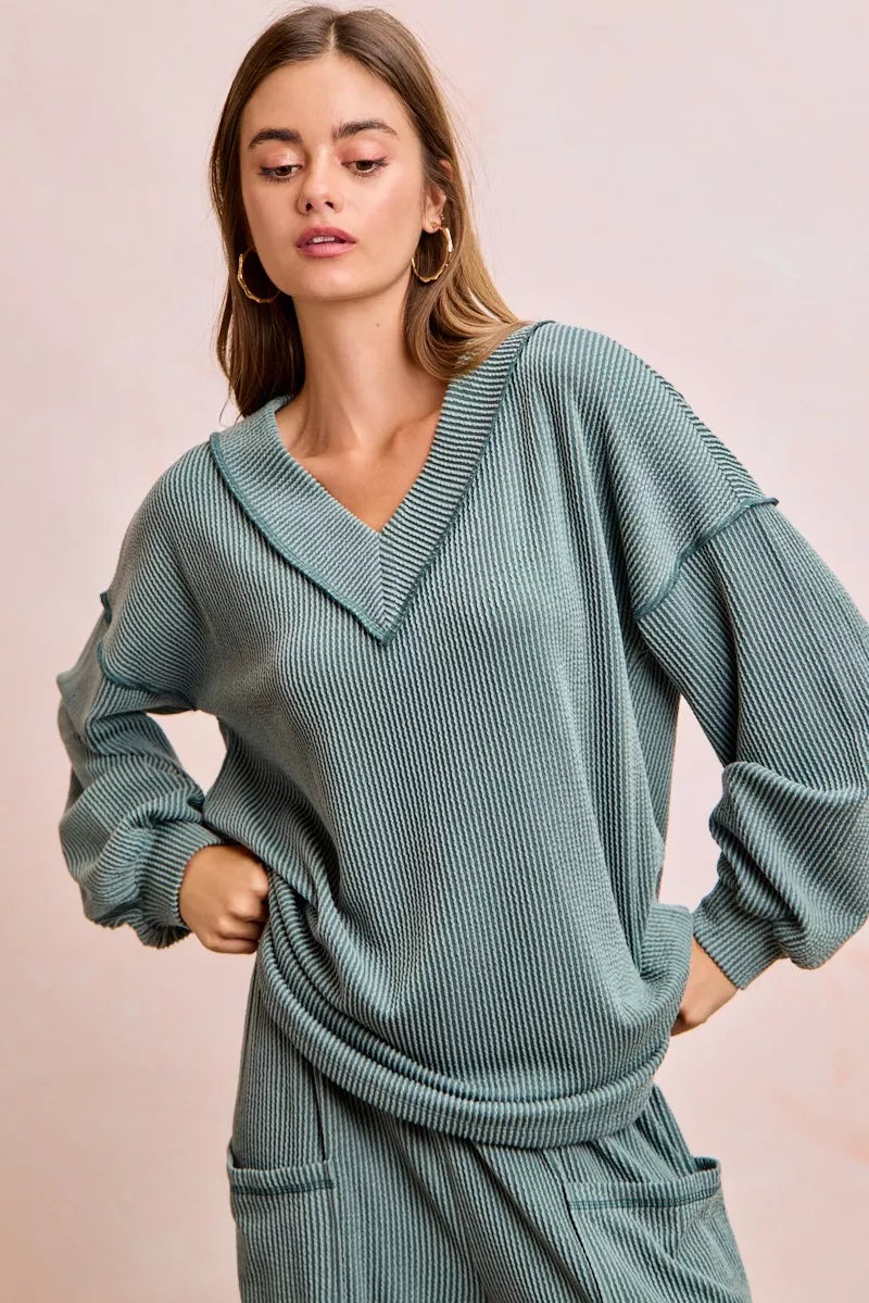 60f15ccfda404cc3943594ff0e9afa8c-Max-Origin.jpg BiBi Two Tone Cord Rib Contrast Stitching V-Neck Top and Pants Set - Image 8
