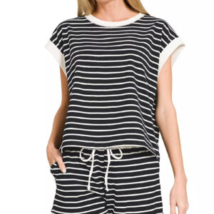 Zenana Stripe Contrast Trim Top & Shorts Set