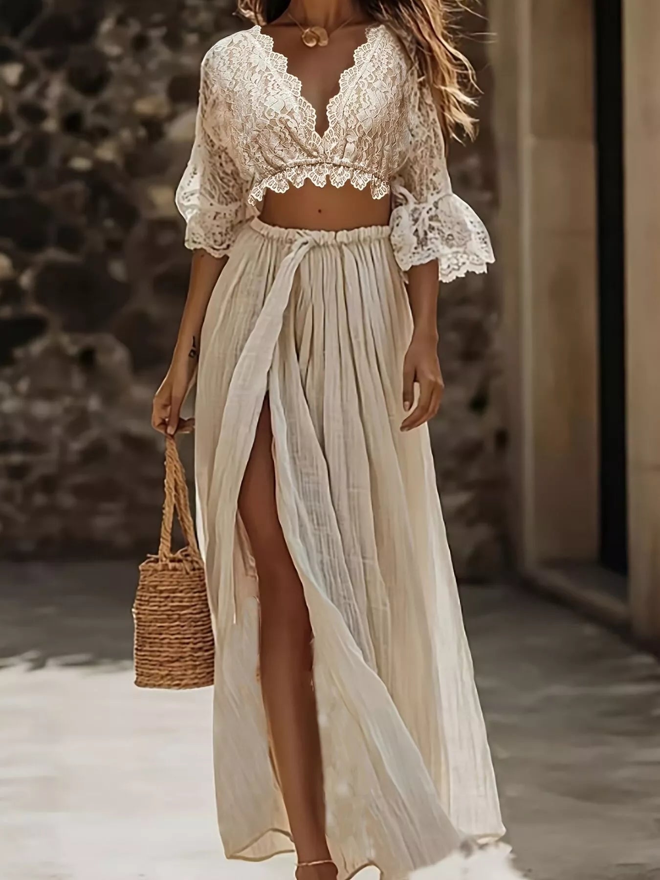 68816ec2b76c44cd80386511476b6c40-Max-Origin.jpg Lace Crop Top and Slit Maxi Skirt Set