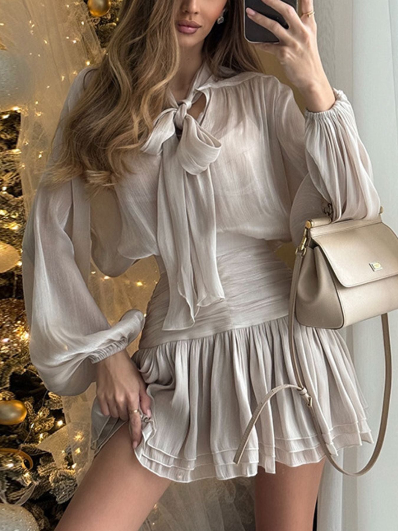 6ba48dea-05e4-443f-aabc-ee8421d7db68-Max.jpg Bow-Tie Blouse and Ruched Mini Skirt Set - Image 2