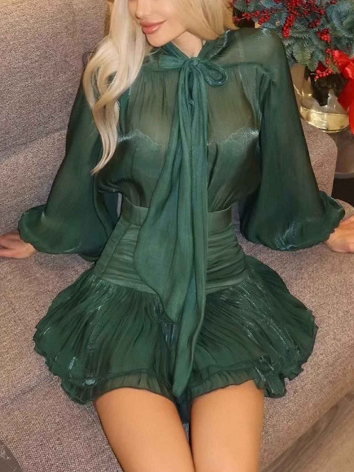 6e3b42bb-b16a-45a5-ae52-8a7ee75a0162-Max.jpg Bow-Tie Blouse and Ruched Mini Skirt Set - Image 18