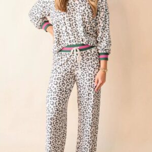 V Neck Leopard Long Sleeve Top Striped Webbing Patchwork Drawstring Pant Set