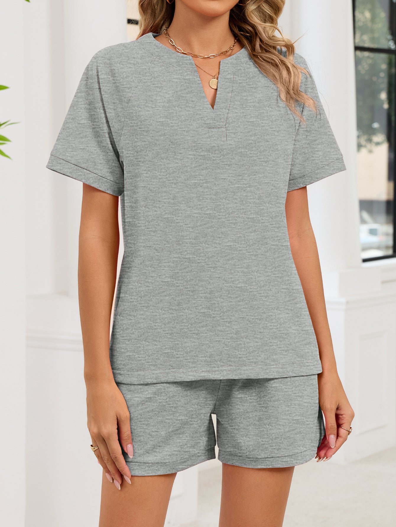 72083264-b071-46e8-9fbe-14ab70274db6-Max.jpg Notched Short Sleeve Top and Shorts Set - Image 10