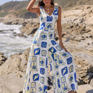 Printed V-Neck Wide Leg Jumpsuit