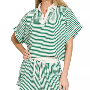 Zenana Striped Collared Top & Shorts Set