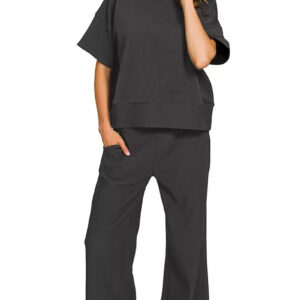 Zenana Ribbed Round Neck Tee & Pants Set