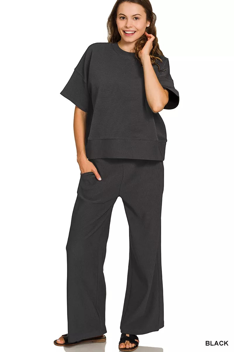 7bbfb83493804c1aa4a9216f6fda06e3-Max-Origin.jpg Zenana Ribbed Round Neck Tee & Pants Set
